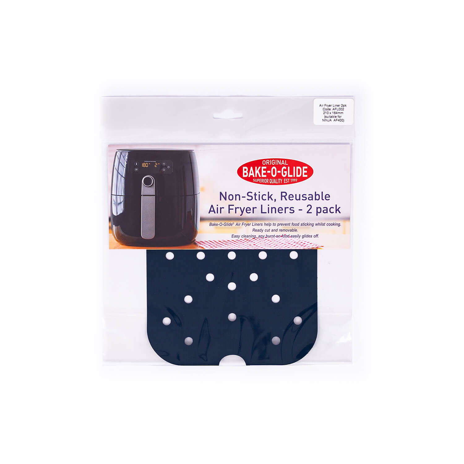 Bake-O-Glide® Reusable Air Fryer Liners 2 pack in retail packaging, featuring non-stick, perforated design for Cosori and Ninja air fryers.