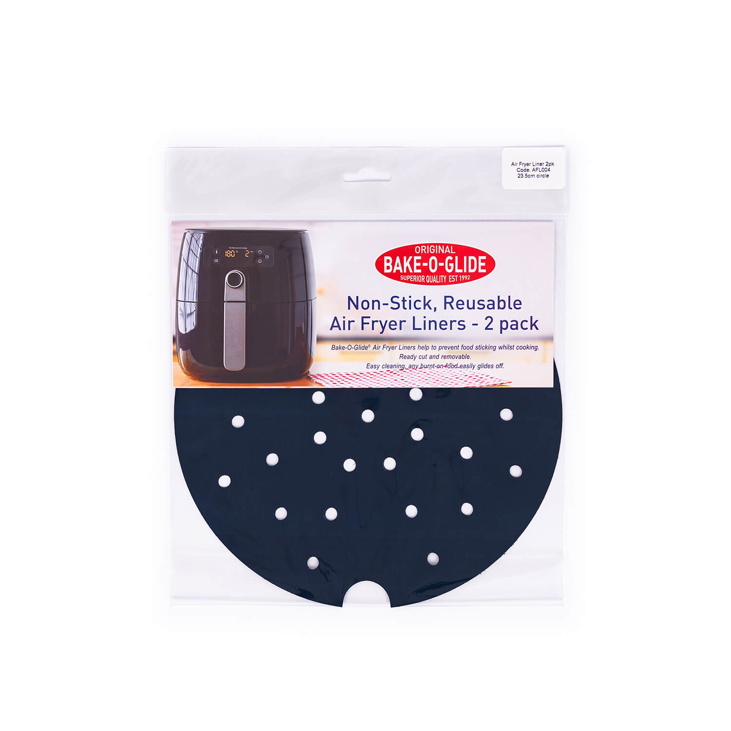 Bake-O-Glide® Reusable Air Fryer Liners 2 pack in retail packaging, featuring non-stick, perforated design for Cosori and Ninja air fryers.