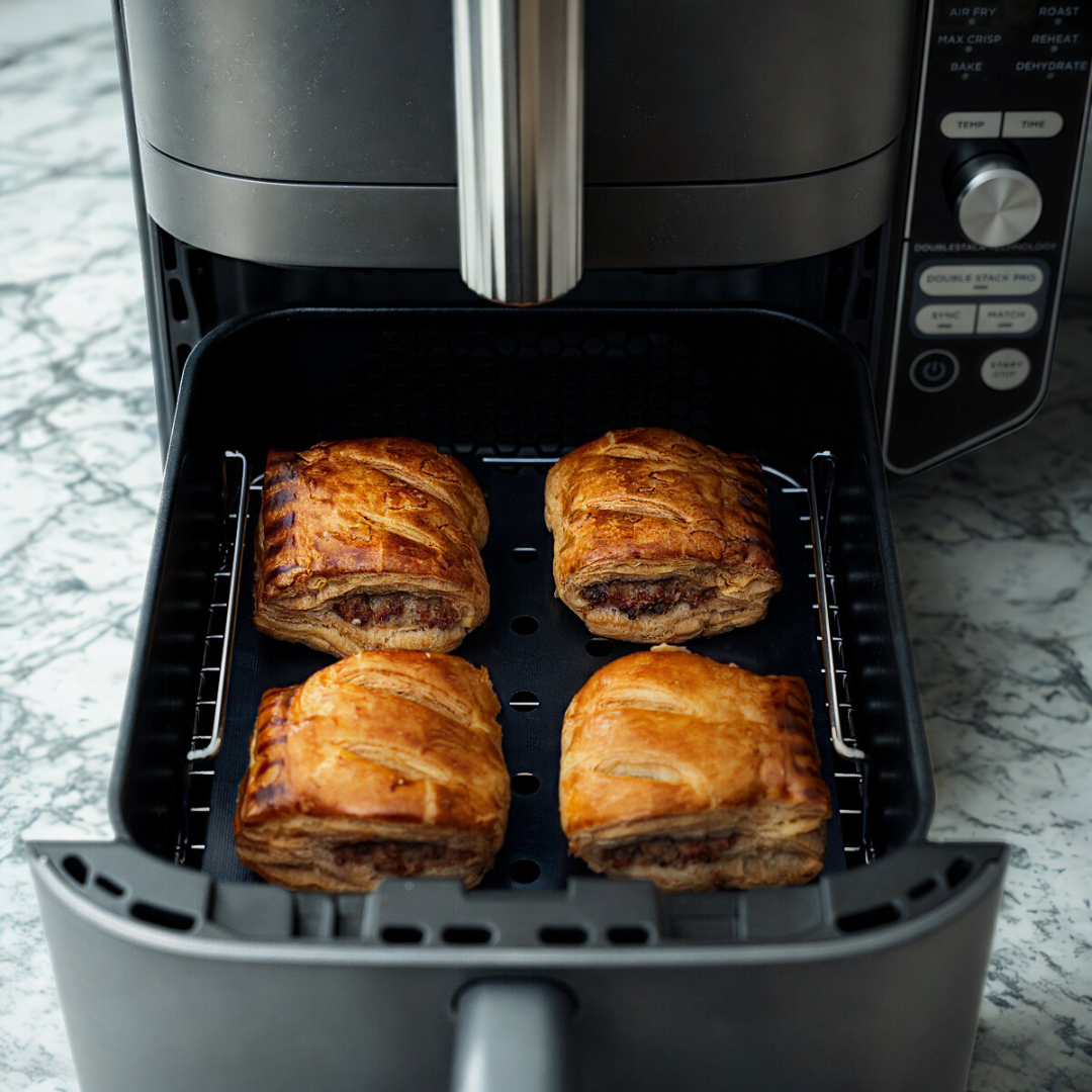 Four sausage rolls in an air fryer basket, with an Air Fryer Liner, on a marble countertop.