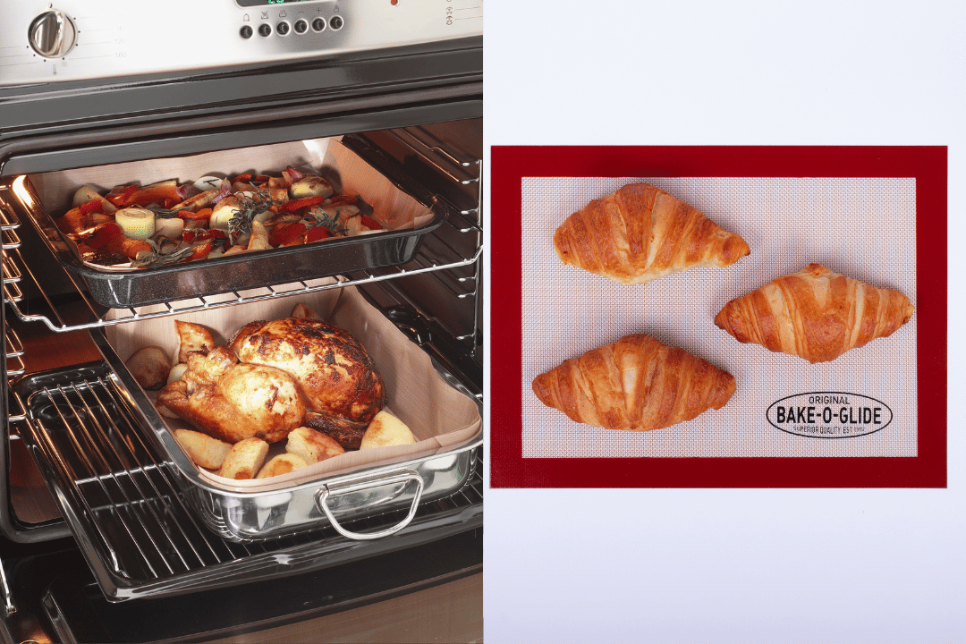 PTFE Cooking and baking liners in use and a silicone mat on a white background with croissants placed on top