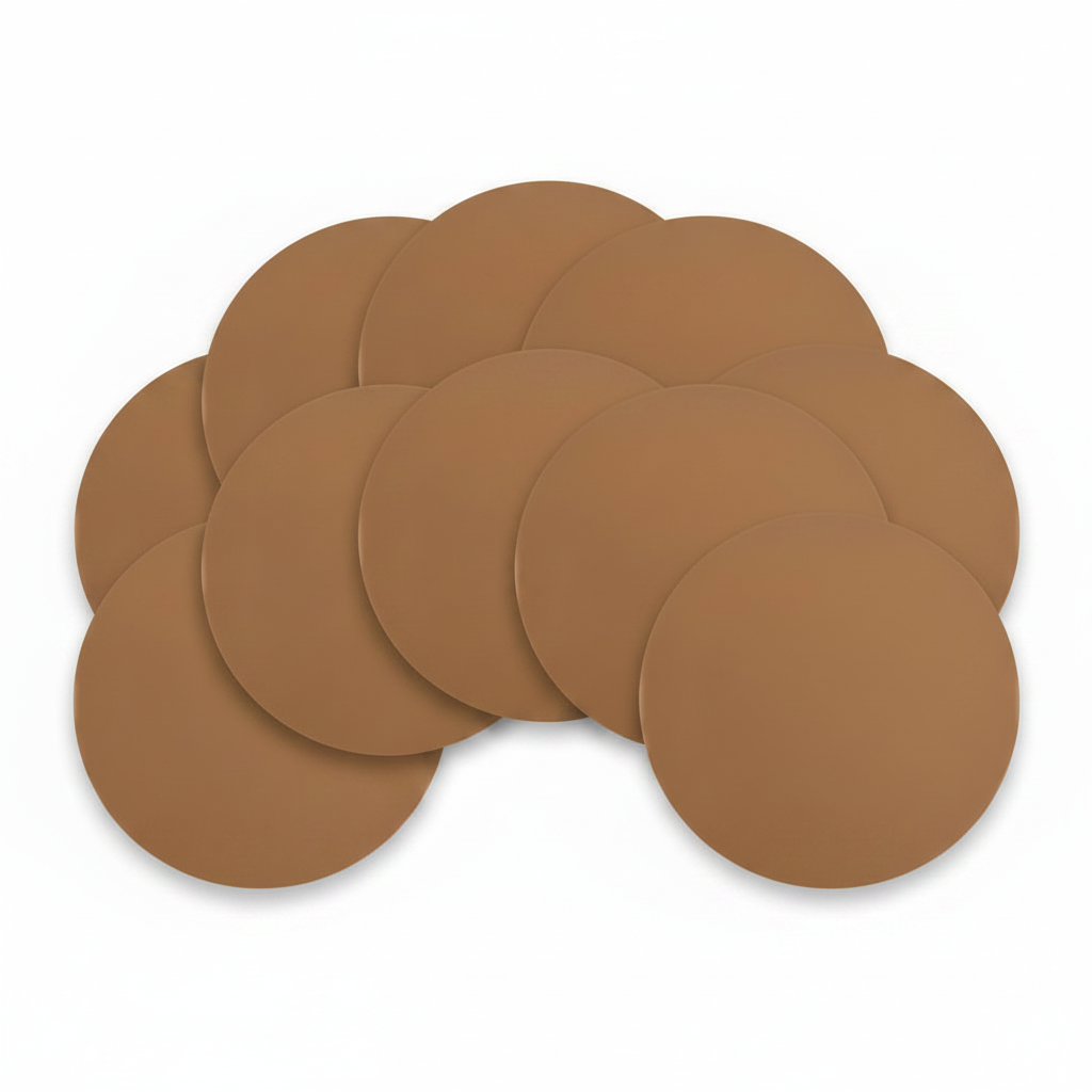 A pack of 10 solid PTFE-coated circles in brown, centered on a plain white background.