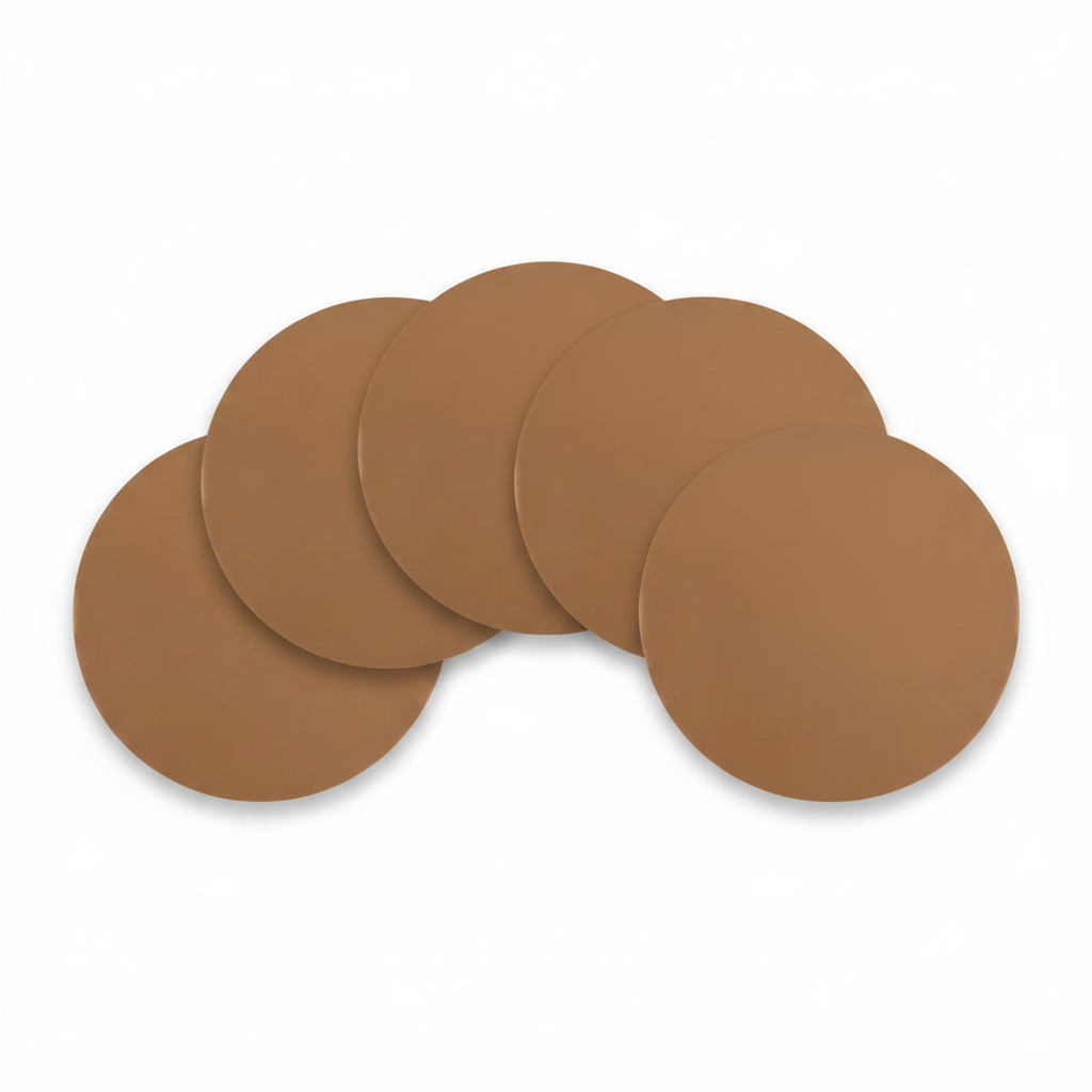 A  pack of 5 solid PTFE-coated circles in brown, centered on a plain white background.
