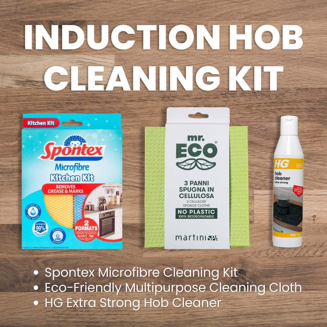 Induction hob cleaning kit with Spontex microfibre cleaning kit, Eco-friendly cloth, and HG cleaner on a wooden background.