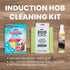 Induction hob cleaning kit with Spontex microfibre cleaning kit, Eco-friendly cloth, and HG cleaner on a wooden background.