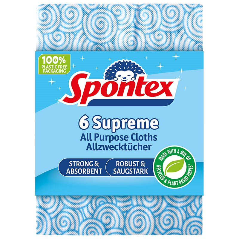 Spontex Supreme All Purpose Cloths pack of 6 in bright blue patterned design with strong absorbent fibres
